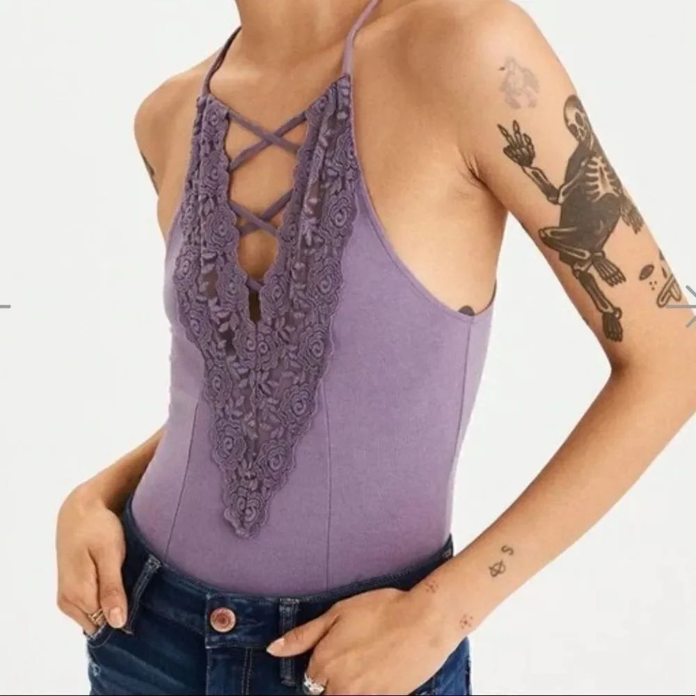 American Eagle Outfitters lilac v-neck cross front paneled bodysuit size M